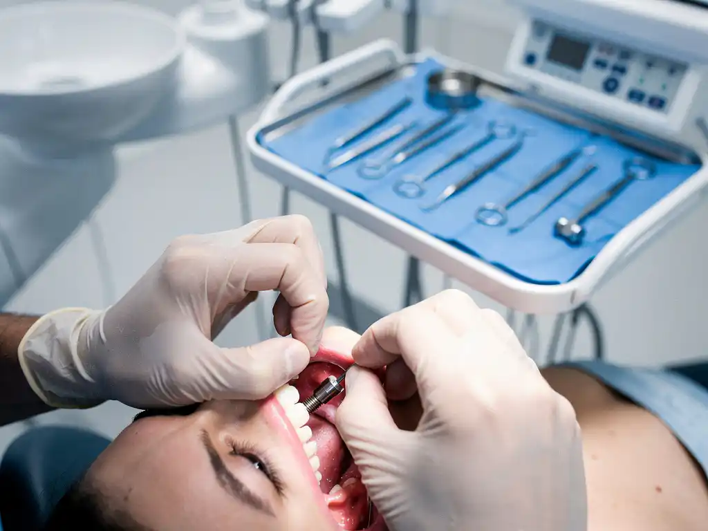 Tandchirurg plaatst titanium tandimplantaat in kaakbot met steriele instrumenten op blauwe medische dienblad