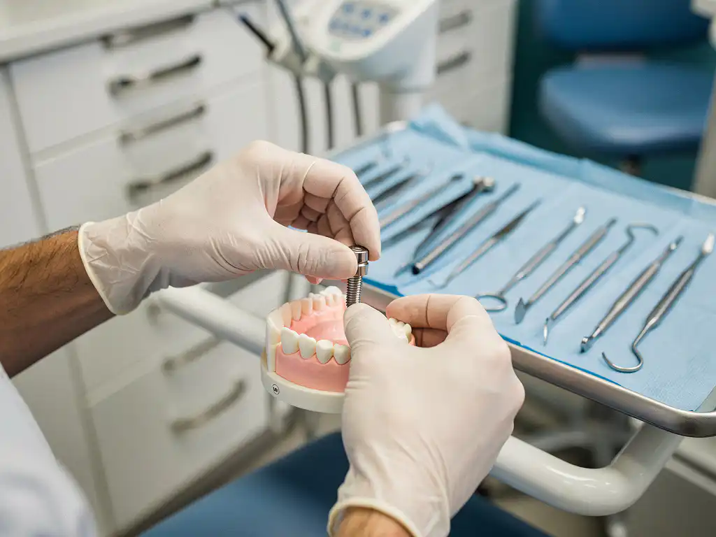 Tandheelkundige chirurg plaatst titanium implantaat in kaakbotmodel met precisie-instrumenten op steriele blauwe tray