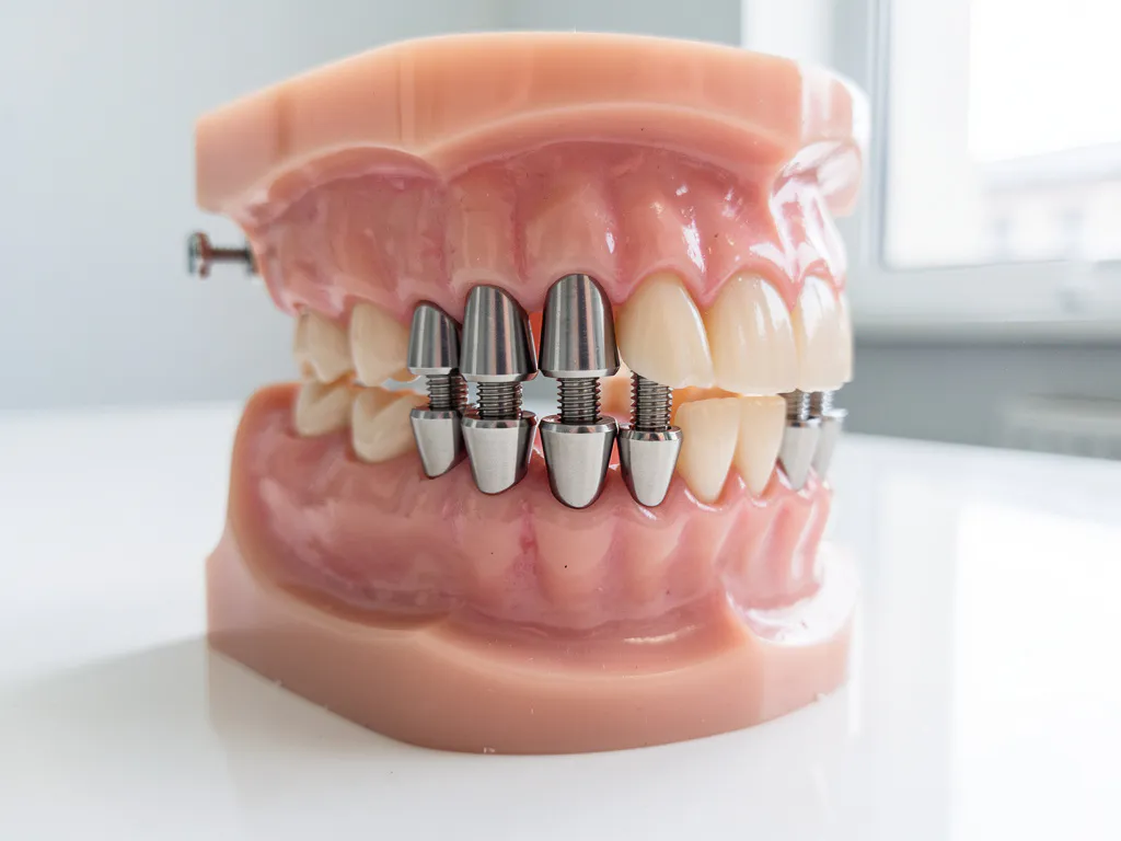 Tandheelkundig model met bovenkaak en onderkaak met zes titanium implantaten per kaakboog op witte onderzoekstafel