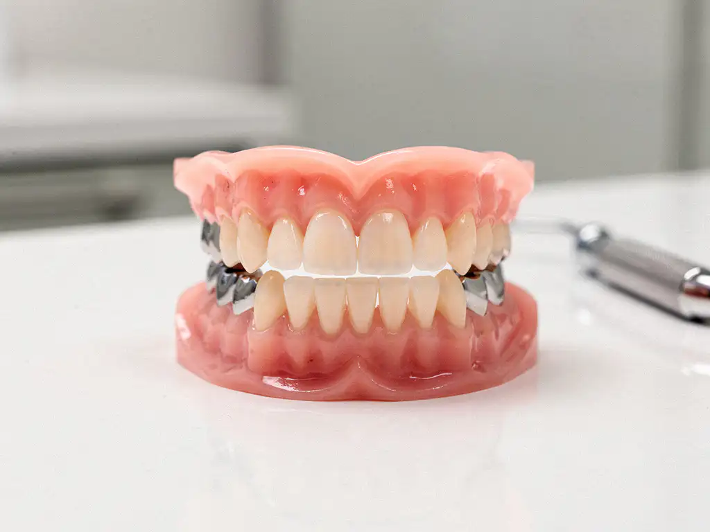 Tandimplantaat model met volledige boven- en ondergebit op witte klinische ondergrond, titanium implantaten zichtbaar