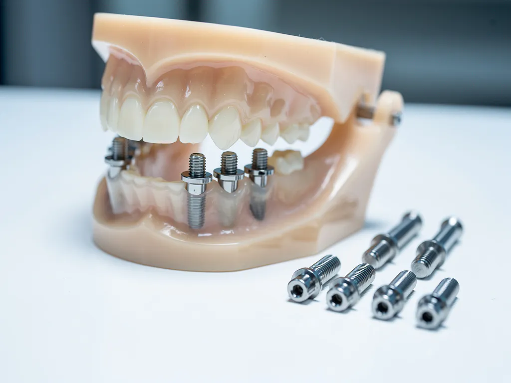 Tandheelkundig model met zes titanium implantaten in kaakbot die vaste brug ondersteunen, naast losse implantaten op witte klinische ondergrond