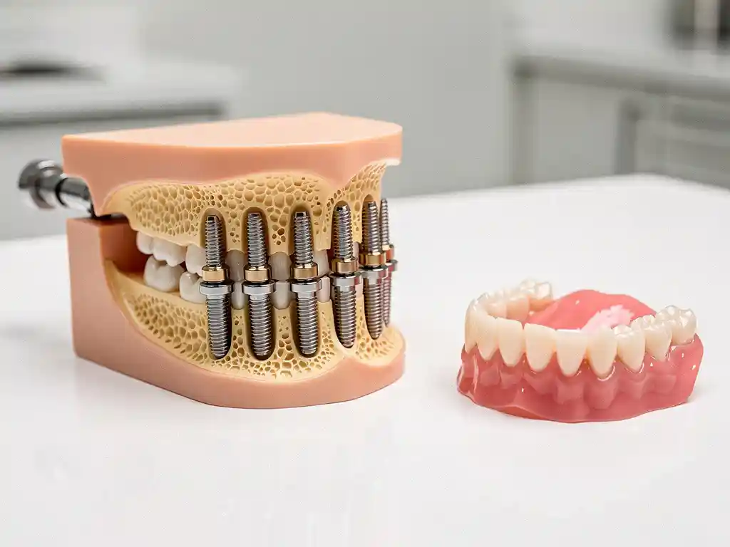 Dwarsdoorsnede van kaakmodel met zes titanium tandimplantaten in botweefsel naast roze kunstgebit op witte tandartstafel