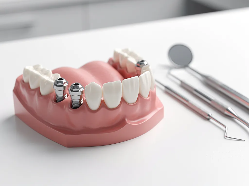 Tandheelkundig model van bovenkaak met titanium implantaten in roze tandvlees op witte klinische ondergrond