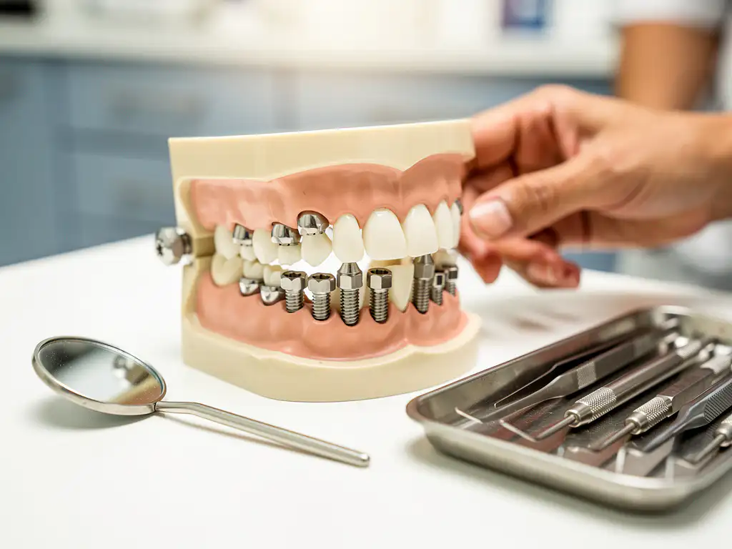 Tandheelkundig kaakmodel met titanium implantaten op witte klinische tafel, tandenspiegel en steriele instrumenten