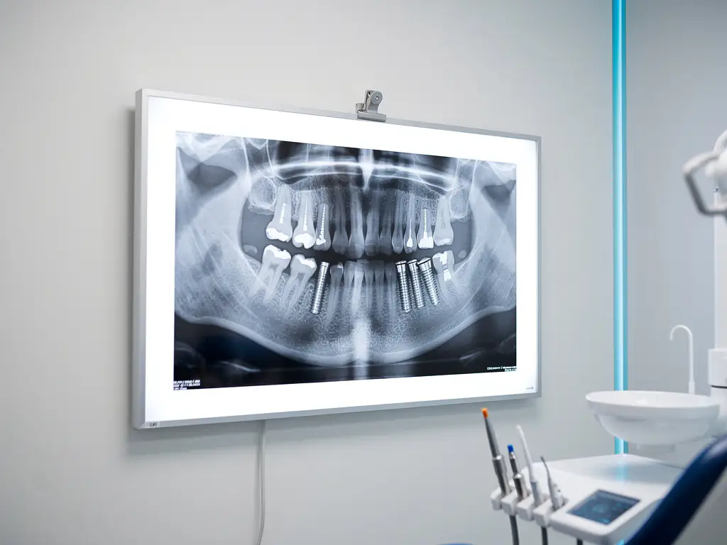 Tandheelkundige röntgenfoto toont zes titanium implantaten in kaakbot, waarvan één licht scheef geplaatst lijkt