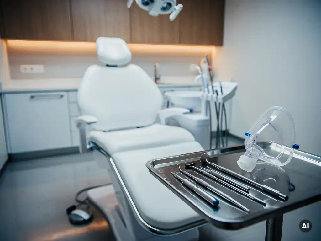 Moderne tandartsstoel in steriele behandelkamer met anesthesiemasker op roestvrijstalen dienblad onder chirurgische verlichting.